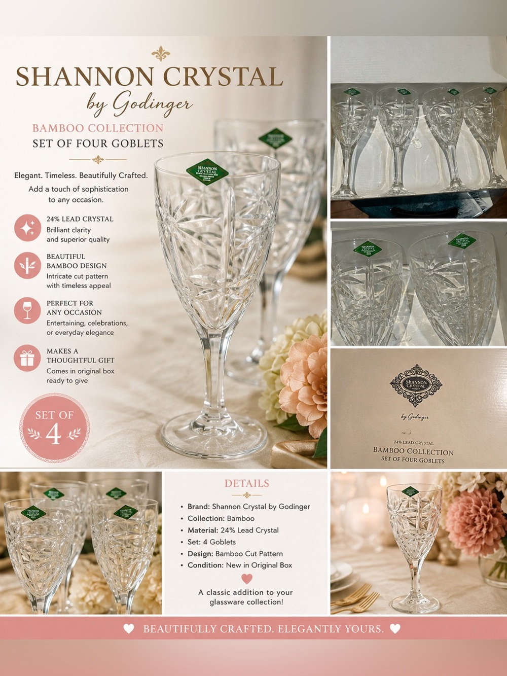 Shannon Crystal by Godinger Bamboo Collection 24% Lead Crystal Goblets. NIB